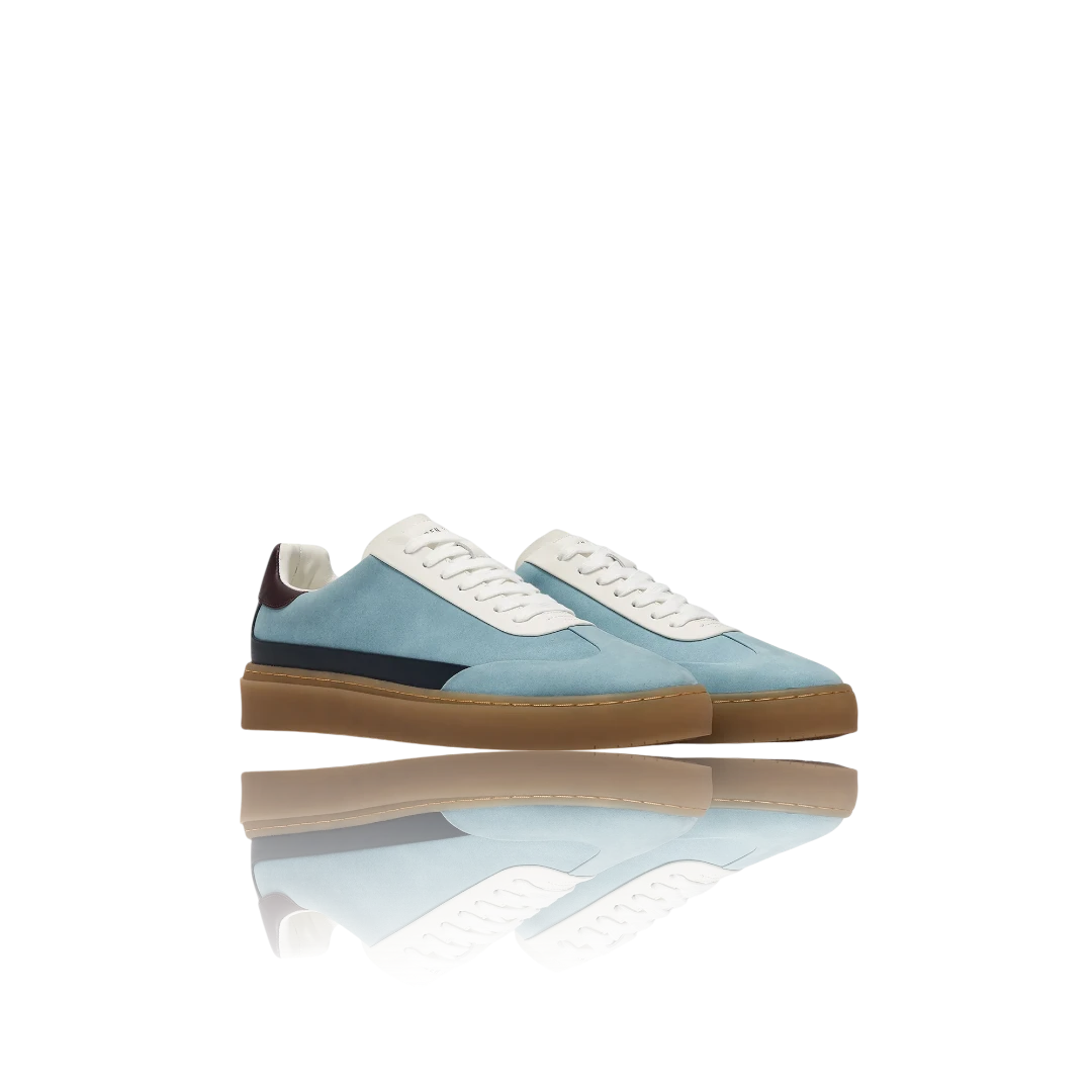 Pale Blue Burgundy White Leather-Trimmed Suede Sneakers