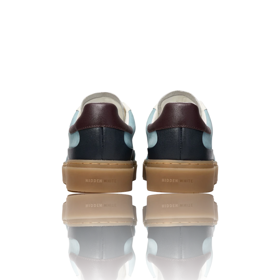 Pale Blue Burgundy White Leather-Trimmed Suede Sneakers