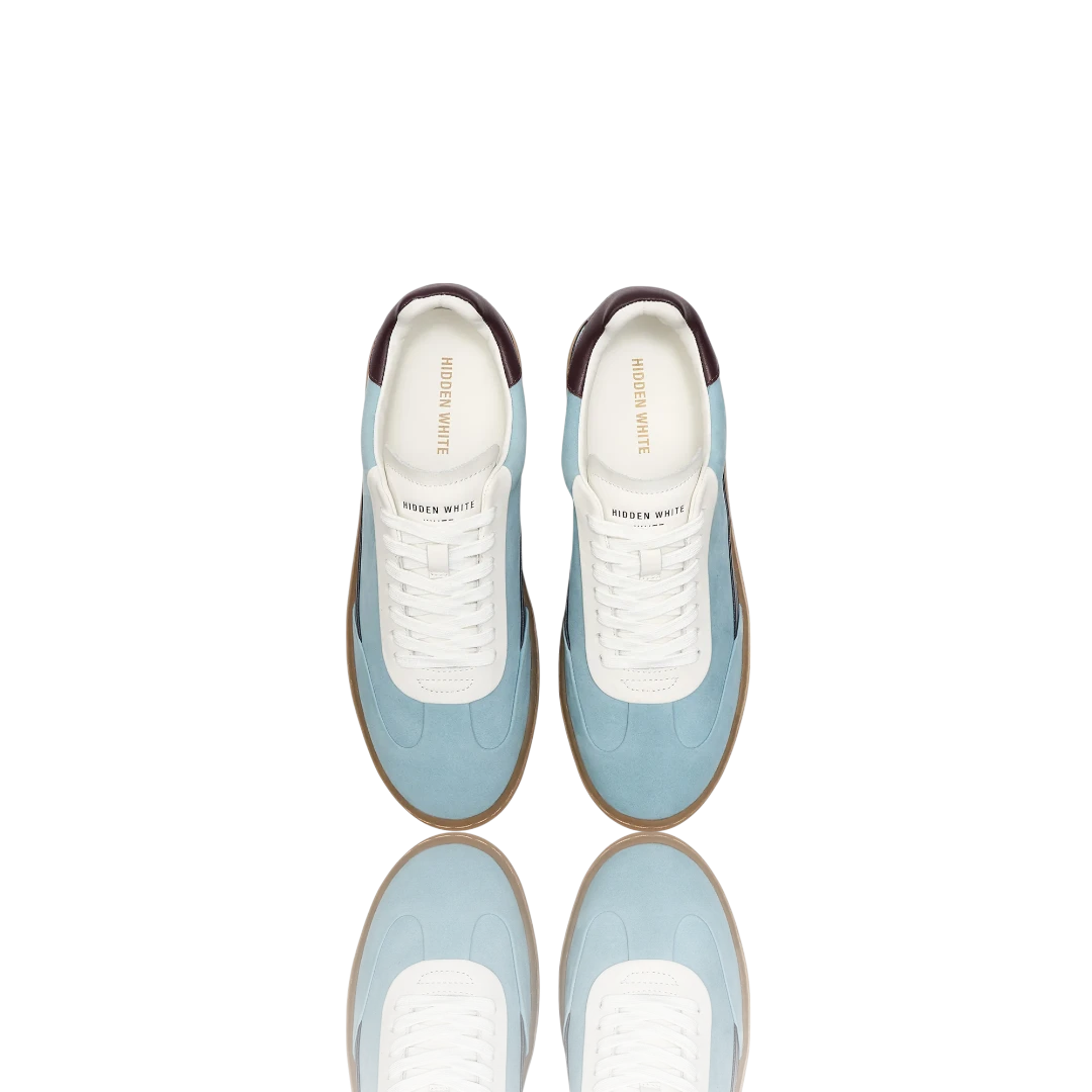 Pale Blue Burgundy White Leather-Trimmed Suede Sneakers